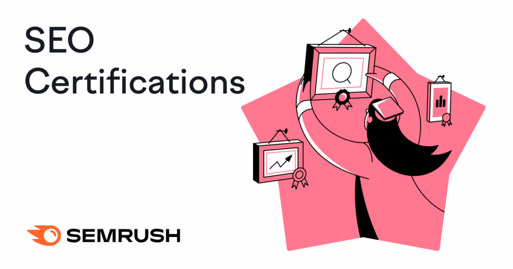 Semrush's SEO certification lists lessons like what is SEO, SEO strategy, visibility, keyword research, and more with accompanying videos.