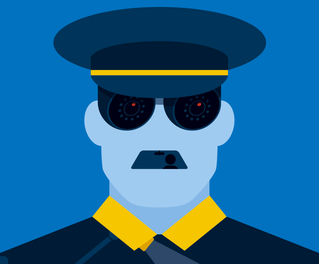 "Stylized illustration of a police officer depicted as a surveillance figure against a blue background. The officer wears a dark blue uniform with yellow collar and a police cap with yellow band. Instead of normal eyes, the figure has large black circular camera lenses with red centers, suggesting automated surveillance or monitoring technology. A yellow police badge is visible on the uniform chest. The illustration uses a flat, geometric art style with simplified shapes and bold colors to convey themes of law enforcement surveillance."
