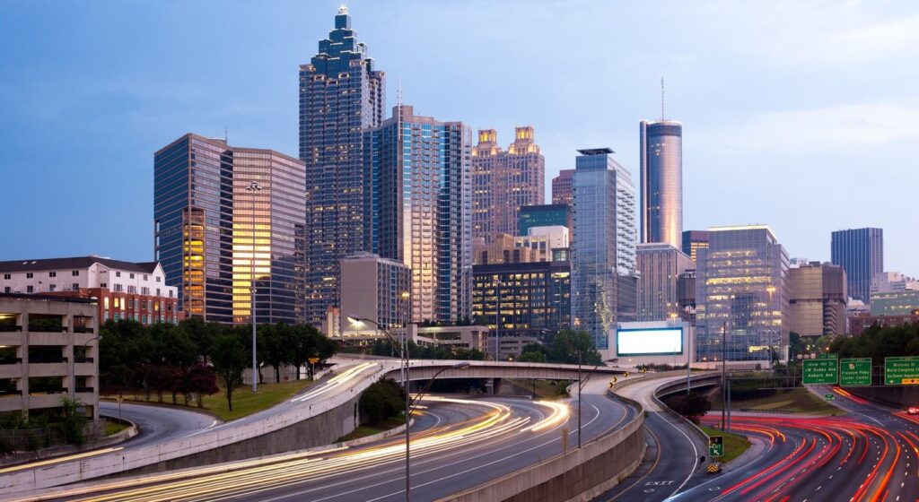 Blurred car lights on the freeway at downtown Atlanta; Georgia; USA