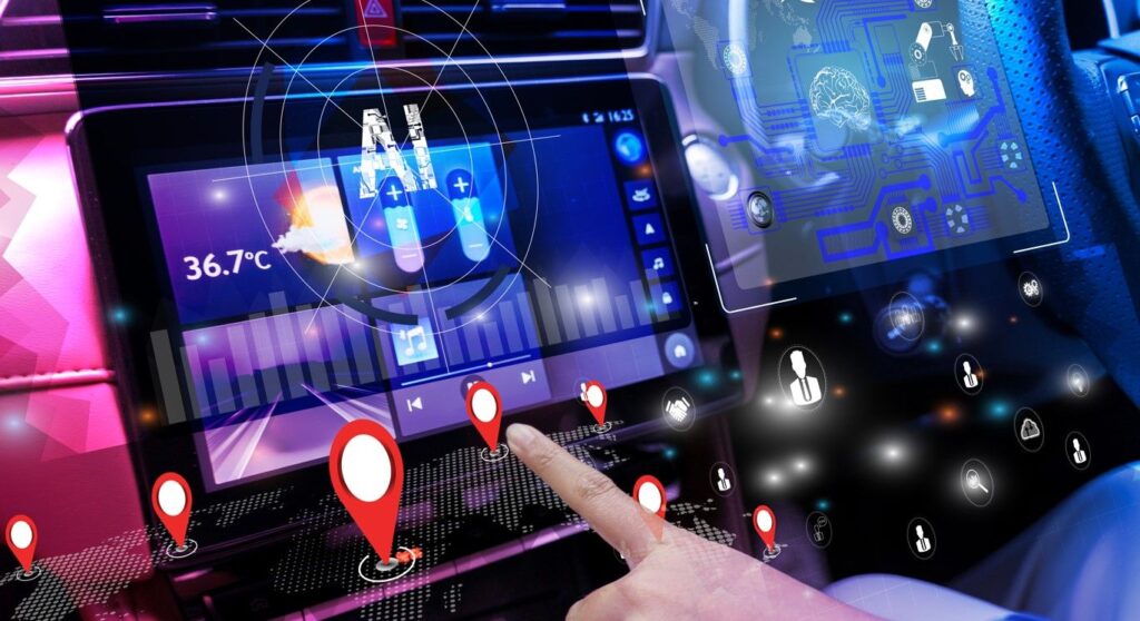 AI smart car dashboard with GPS navigation, digital interface, and futuristic autonomous vehicle technology